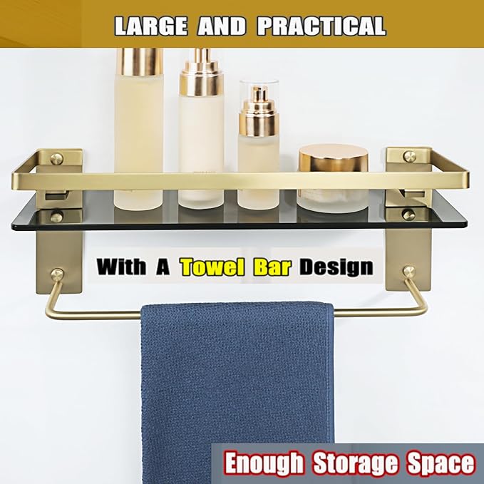 Alise Bathroom Shelves Glass Shelf with Bar,Wall Mount Floating Shelves for Bathroom,1 Tier Tempered Glass Holder Storage Organizer,SUS304 Stainless Steel Gold and Black GDL2001-GB