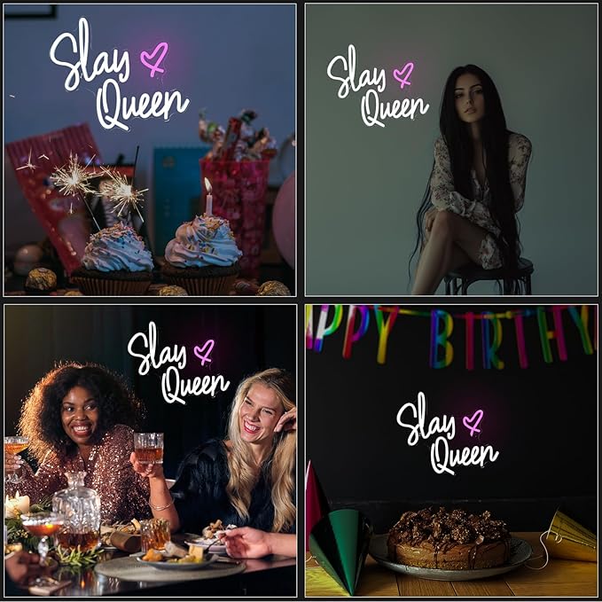 Slay Queen Neon Sign White Led Neon Signs Preppy Room Neon Lights For Wall Decor Dimmable Light Up Sign For Bedroom Bar Party Y2k Club Dorm Decoration Girls Gifts (15.7 * 12.6in)