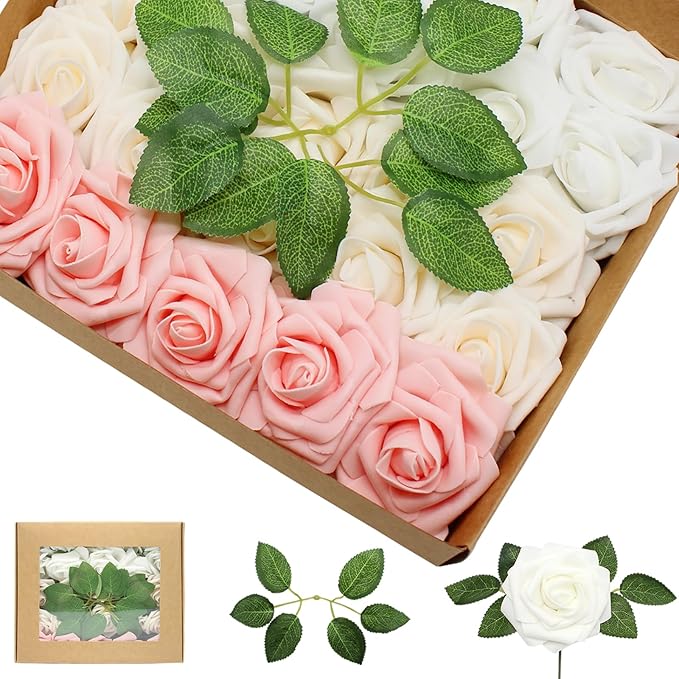 50PCS Artificial Flowers Champagne/Pink/White Roses Real Looking Foam Fake Roses with Leaves and for DIY Wedding Bouquets Bridal Shower Centerpieces Party Decorations (Champagne Series, 50)