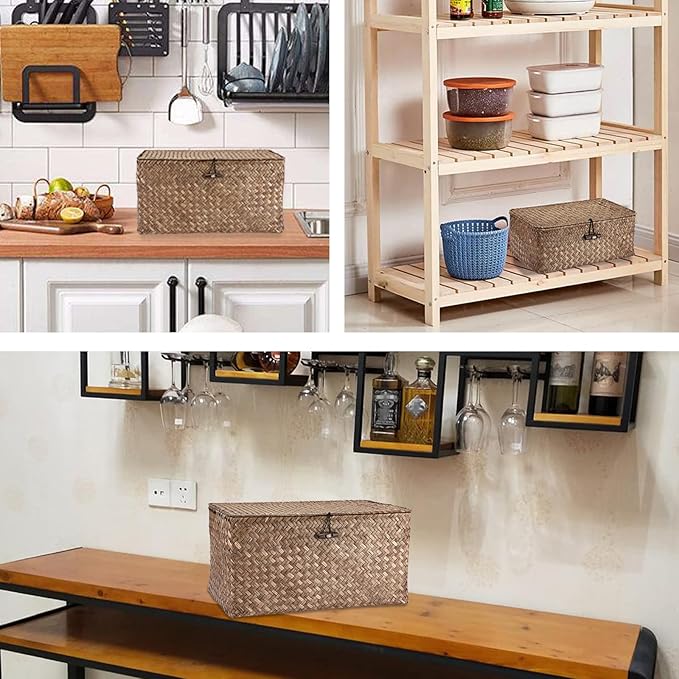 Hipiwe Wicker Shelf Baskets Bin with Lid, Handwoven Seagrass Basket Storage Bins Rectangular Household Basket Boxes for Shelf Wardrobe Home Organizer, Coffee Medium