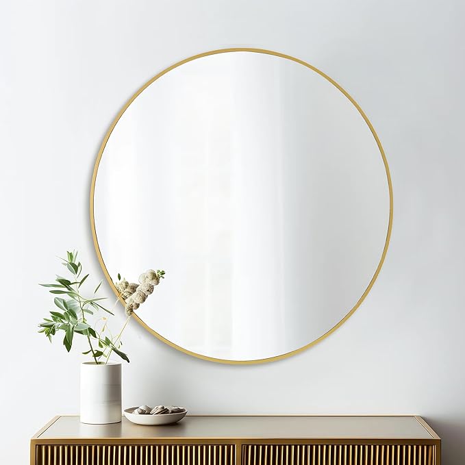 CULER Round Gold Bathroom 30 Inch Mirror,Circle Wall Modern Mirror for Bedroom,Hanging Vanity Tempered Glass Mirrors for Entryway or Living Room