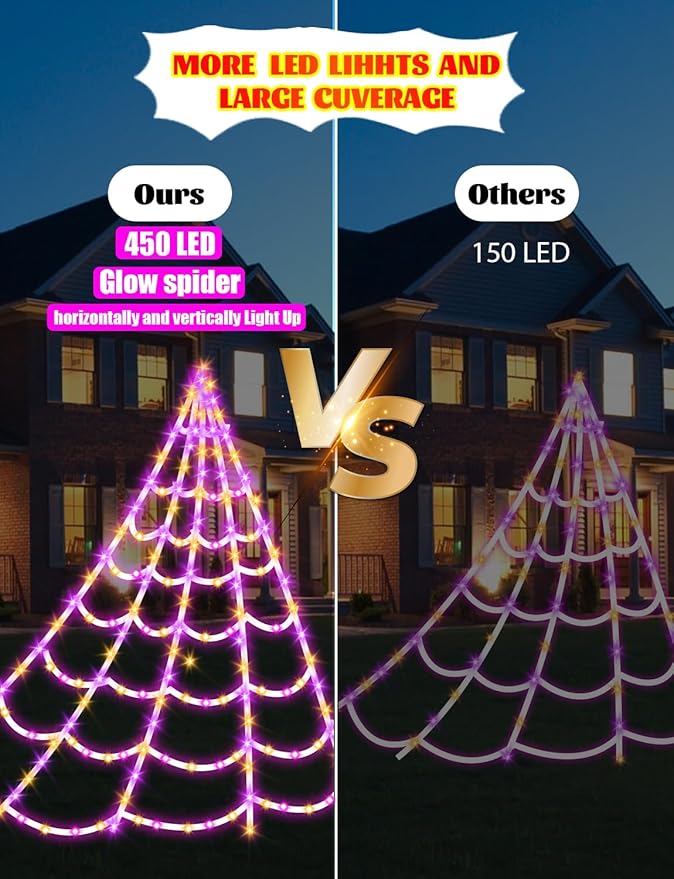 Spider Webs Halloween Decorations Lights - 450 LEDs Outdoor Halloween String Lights with 60" Light Up Spider,8 Modes Remote Control 16.4Ft Spiderweb,Waterproof (New Orange-Purple Grid Luminous Net)