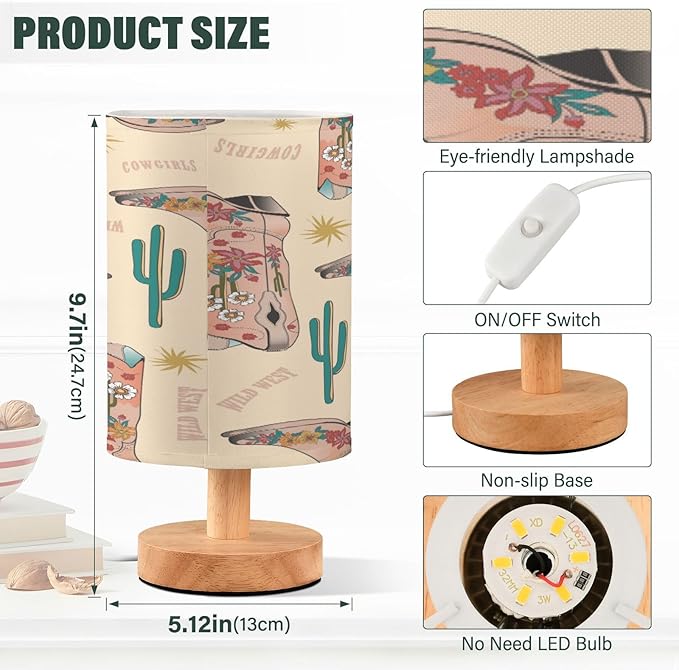 VIGTRO Table Lamp with USB Vintage Cow Girls Boot Bedroom Nightstand Lamps, Western Boho Wood Base LED Desk Light for Living Room, Office