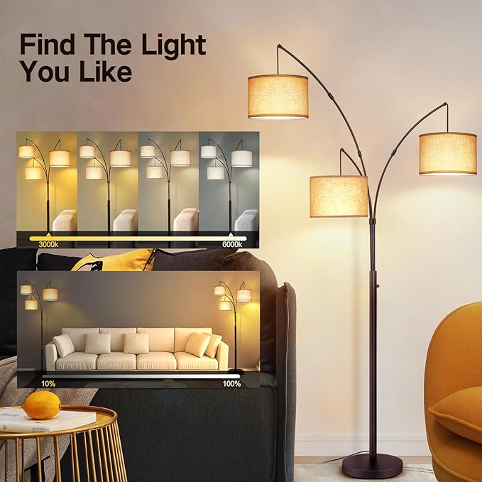OUTON Floor Lamp with Remote Control, Modern Bright Lamps for Living Room, Adjustable 3-Light Tall Arched Lamp for Bedroom, Office, 2400lm Mid Century Design with Hanging Shade