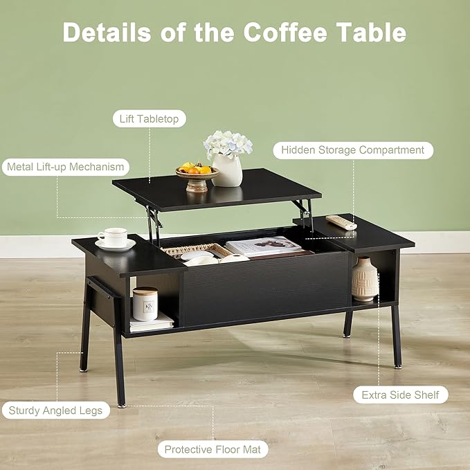 VECELO Wood Lift Top Coffee Table with Hidden Compartment and Storage Shelf for Living Room/Office Reception, Rising Tabletop, Black