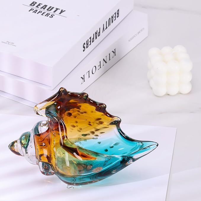 Sea Glass Art Figurines Hand Blown Conch Shell Sculpture, Green Sea Glass Decor Creative Conch Seashell Statue - For Coastal Room Decor Knick Knacks Home Decor Kitchen Decorations Above Cabinets