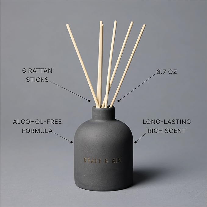 Craft & Kin Reed Diffuser Set - Santal Woods, Reed Diffusers for Home with Fragrance Sticks - The Earthenware Collection, 6.7oz Alcohol-Free, Essential Oils