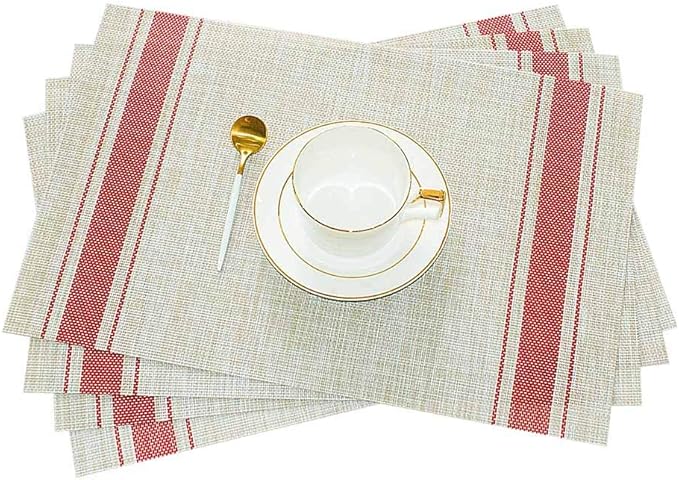 GIVERARE Placemats Set of 4, Heat-Resistant Woven Vinyl Placemat, Non-Slip Washable PVC Table Mat, Easy to Clean Premium Plastic Mats at for Dining, Kitchen Table (Stripe Red)