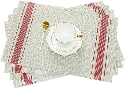 GIVERARE Placemats Set of 4, Heat-Resistant Woven Vinyl Placemat, Non-Slip Washable PVC Table Mat, Easy to Clean Premium Plastic Mats at for Dining, Kitchen Table (Stripe Red)