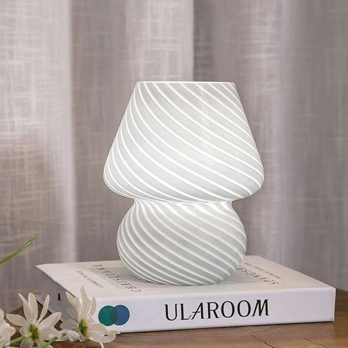 USB Plug-in Mushroom Lamp Small Bedside Table Lamp with 3 Temperature LED Bulb,Free Dimming Nights Light for Bedroom/Living Room/Entryway/Corner Decor (Stripe White)