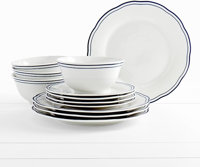 Tabletops Gallery 12-Piece White with Blue Striped Ceramic Dinnerware Set of Kitchen Dishes, Scalloped Dinner Salad Plates Cereal Bowls, Service for 4, Vintage Stripe