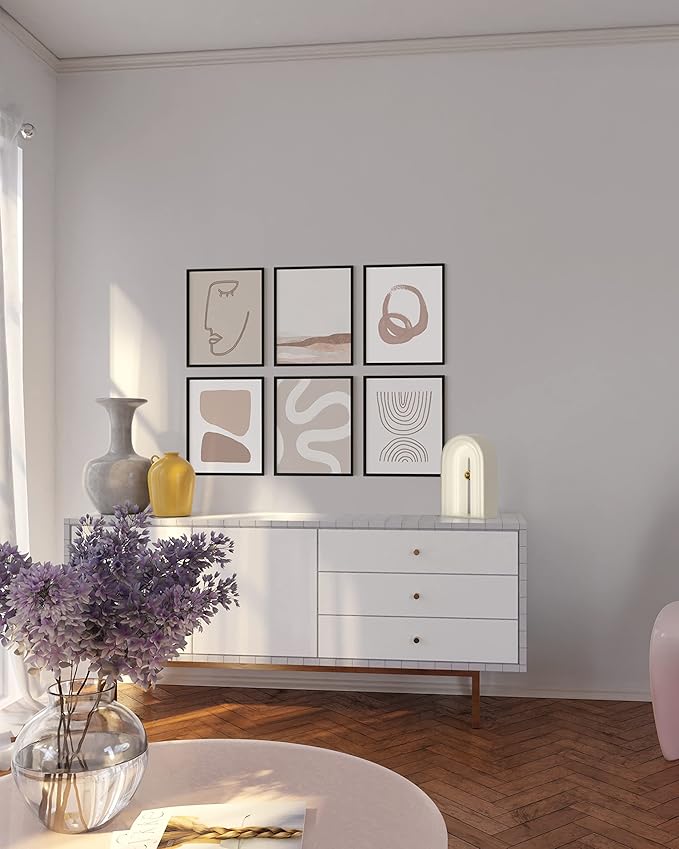 HAUS AND HUES Frameable Beige Boho Art Wall Decor - Set of 6 Neutral Mid Century Modern Wall Art, Minimalist Wall Art, Neutral Wall Decor, Beige Boho Posters for Room Aesthetic (Black Frame, 8x10)