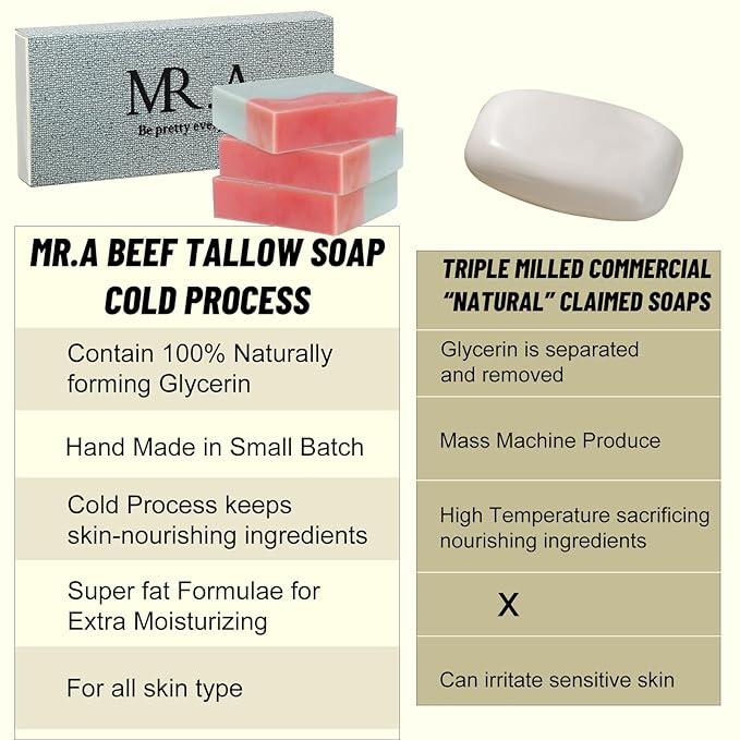 MR.A 3pack Beef Tallow Soap Bar, All Natural Grass Fed Tallow Soap Unscented for Face, Handmade Beef Tallow Soap for Skin Body Wash, 11oz Handcrafted wash for Adults, Kids