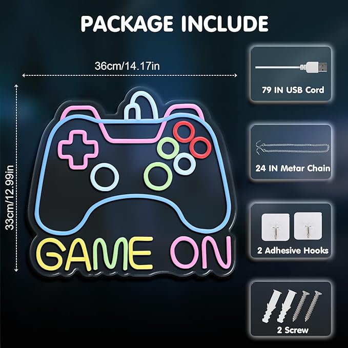 Game On Neon Sign for Gamer Wall Decor, USB Powered Dimmable Colorful Led Gaming Neon Signs for Boys Room, Teen Room, Wall Decor, Gamer Gifts for Teen, Men, Boys, Kids