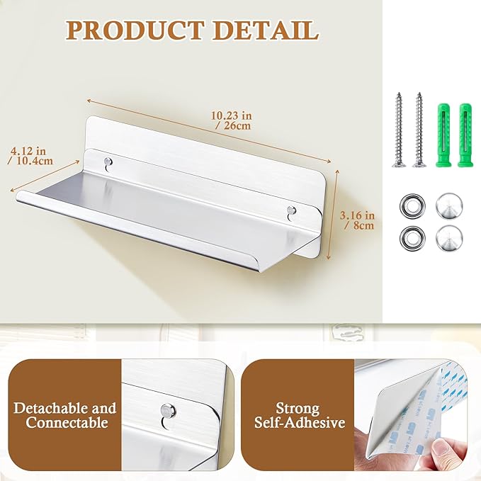 Bathroom Shelf, Wall Mounted Shower Caddy, Adhesive Floating Shelves, Stainless Steel Wall Shelf, No Drilling Floating Shelf Silver Shower Storage Organizer for Bathroom/Bedroom/Kitchen Decor