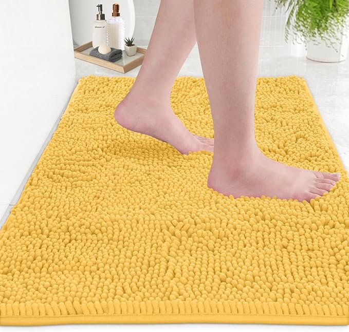 LuxUrux 2 piece Bathroom Rug Set - Premium Plush Bath Mat Shower Rugs, 1" Chenille Microfiber, Non-Slip & Absorbent, Soft & Cozy, Durable Stylish (20x30 & 16x24 inches, Yellow)