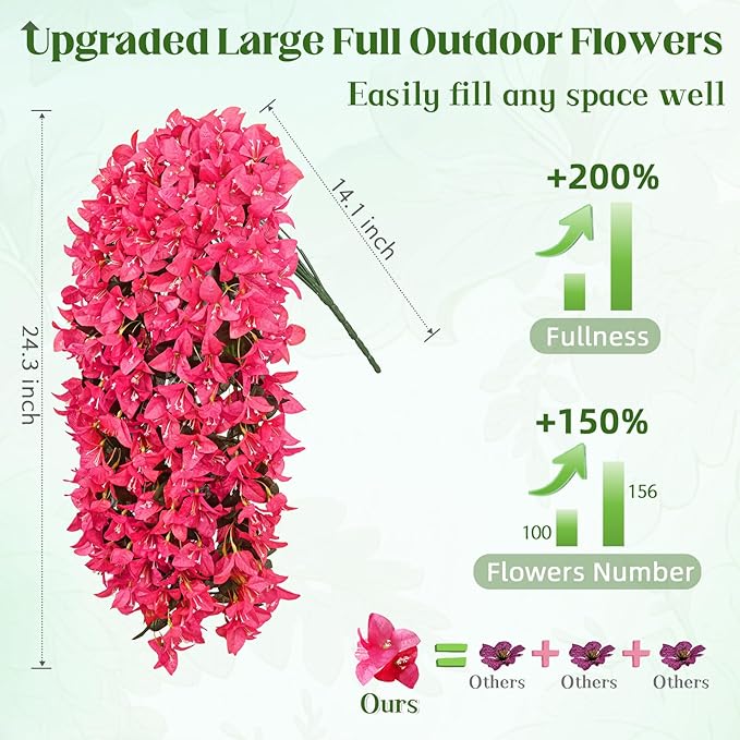 2Pcs UV Resistant Artificial Flowers for Outdoors, Realistic Faux Silk Bougainvillea Flowers, Fake Hanging Plants for Porch Patio Balcony Decoration (Rose Red)