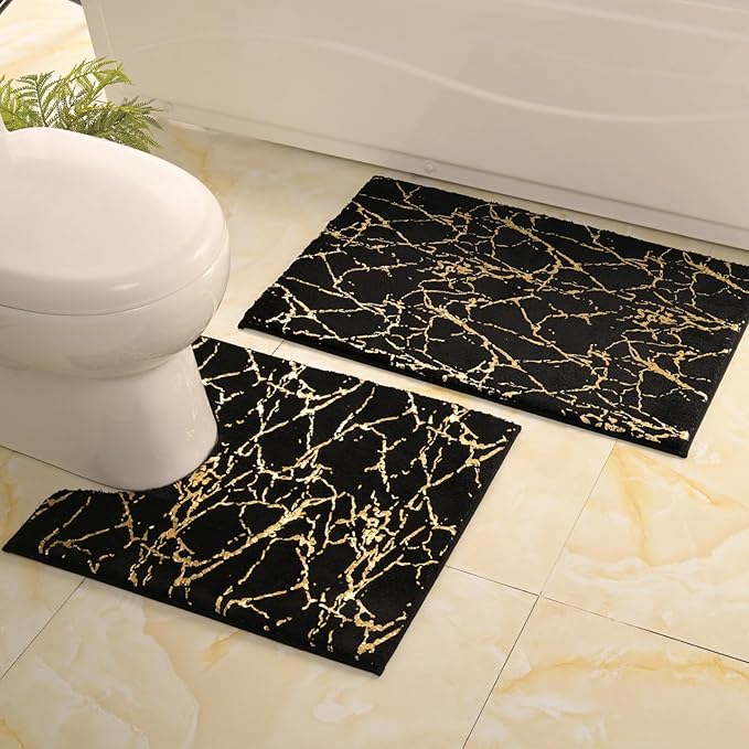 QJHOMO Toilet Rugs U Shaped Black and Gold Bathroom Rugs, Gold Decor Toilet Mat Contour Bath Rug Marble Bathroom Accessories, Extra Thick Carpet Non Slip Floor Mats Machine Washable (20x20 inch)