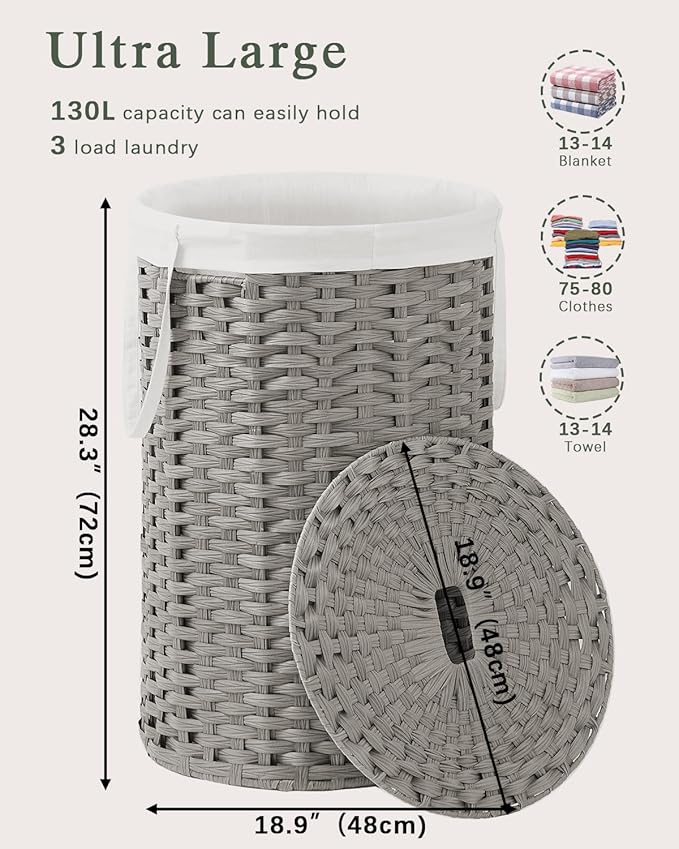 Large Laundry Hamper Laundry Basket Round 34.3 Gal (130 L) Handwoven Wicker Laundry Baskets Rattan Laundry Basket with Laundry Bag Handles 2 Mesh Bags for Living Room Bedroom Gray