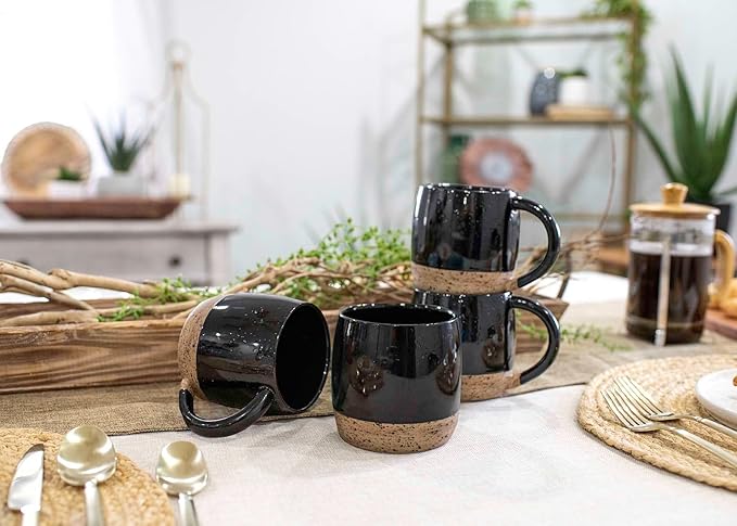 Elanze Designs Speckled Raw Bottom 17 ounce Ceramic Mugs Pack of 4, Black