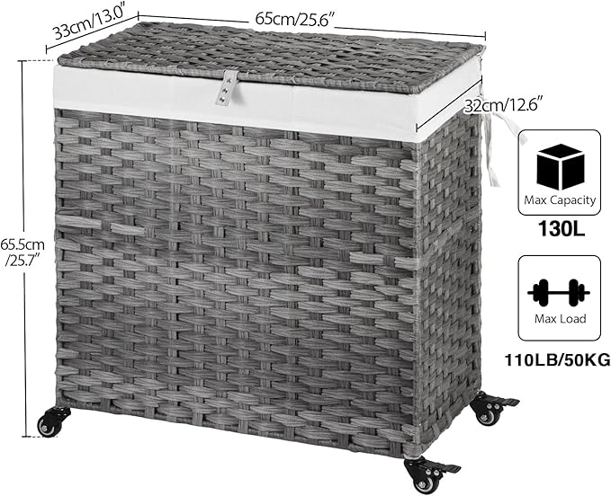 GREENSTELL Laundry Hamper with Wheels&Lid, 130L Large 3 Sections Clothes Hamper with 2 Types Removable Liner Bags, 5 Mesh Laundry Bags, Handwoven Divided Laundry Basket Gray