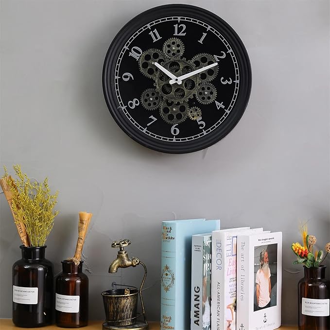 CLXEAST 15 Inch Real Moving Gear Wall Clock, Vintage Industrial Steampunk Metal Wall Clocks for Living Room Decor,Kitchen, Home Office