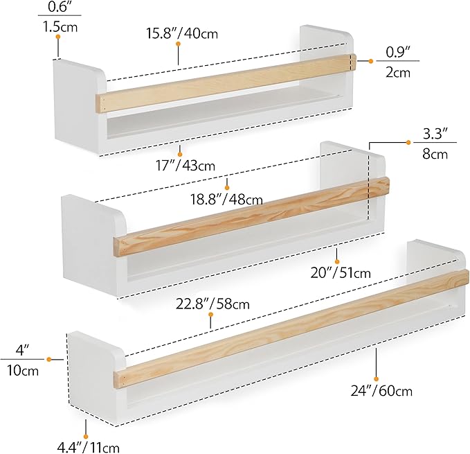 Wallniture Utah Wall Mount Nursery Décor Kids Bookshelf Floating Wall Shelves Book Photo Display Long Varying Sizes Set of 3, White
