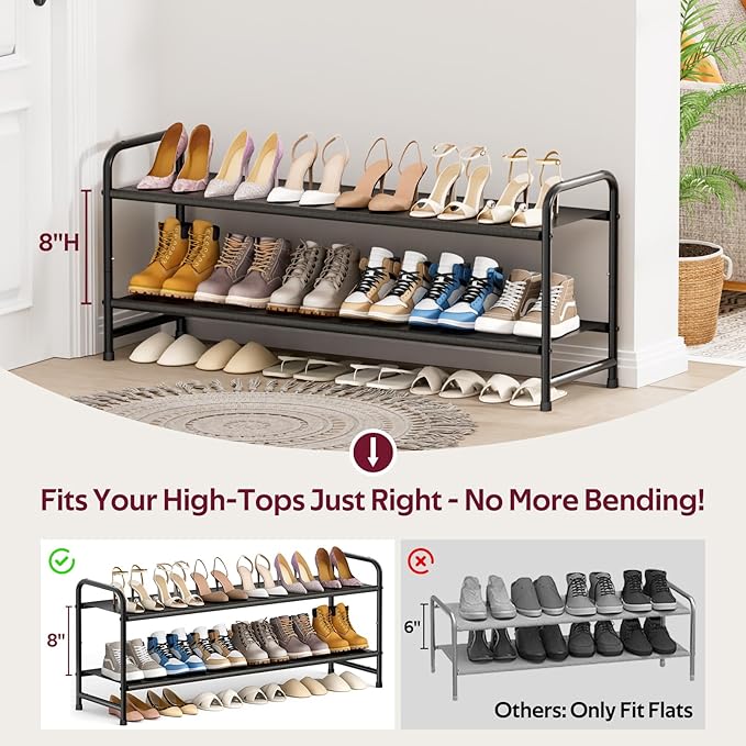 SLEEPING LAMB Long 2-Tier Shoe Organizer for Closet, Stackable Wide Shoe Rack Holds 18-Pairs Low Shoe Shelf Storage for Bedroom, Floor, Entryway(Black)