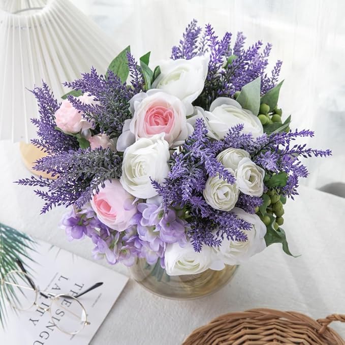 Faux Flowers in Vase for Table Decor, Fake Roses Lavender Plant Artificial Flowers in Vase, Silk Flower Bouquet Floral Arrangements for Home Decor Indoor Office Kitchen Coffee Table Centerpiece, Pink