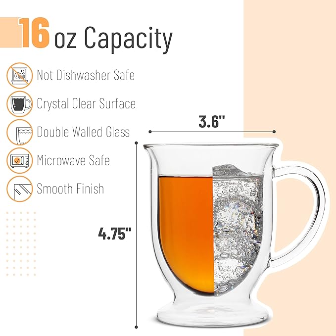 BTaT- Coffee Mug, Coffee Glass, Large, Set of 4 (16oz, 500ml), Double Wall Glass Coffee Cups, Tea Cups, Latte Cups, Glass Coffee Mug, Beer Glasses, Latte Mug, Clear Mugs, Glass Cups, Christmas Gift