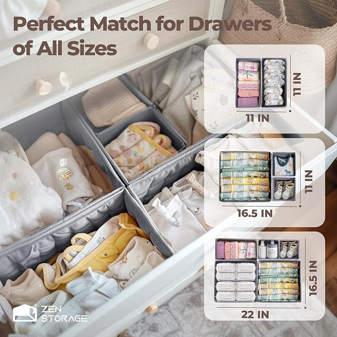 16 Pack Drawer Organizer for Baby Clothes, Fabric Nursery Organizer for Baby Diaper, Collapsible Deep Fabric Drawer Organizer with Zipper for Socks, Bra, Towels, Ties, Grey