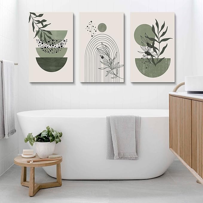Sage Green Wall Posters & Prints, Green Boho Wall Art Set of 3, Minimalist Framed Wall Art Geometric Line Leaf Sun Moon Beige Green Canvas Artwork Paintings