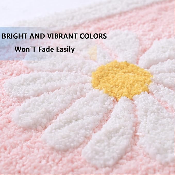 Fluffy Soft Superfine Fiber Bath Mat, White Flower - Non Slip Machine Wash Plus Mats (20x32, Pink)