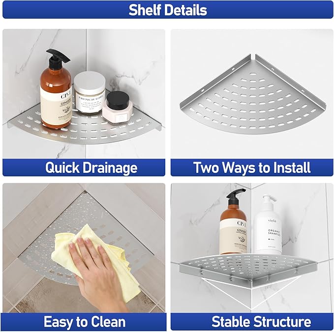 Corner Shower Shelves 304 Stainless Steel Brushed Nickel Shower Corner Shelf 8in Shower Shelves Drilling Installation Strong Load-Bearing Capacity