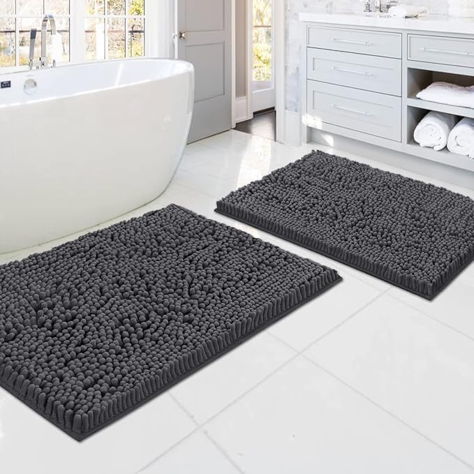 H.VERSAILTEX Luxury Chenille Bathroom Rugs - Non-Slip Bath Mats, Extra Soft Absorbent Shaggy, Washable Fast Dry 2 Piece Set (Grey, 20" x 32"/17" x 24")