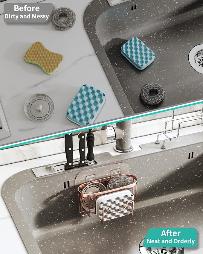 HapiRm Multifunctional Sink Sponge Holder with Unique M-Shaped, 2 Installation Ways Kitchen Sink Caddy, Stainless Steel Kitchen Organizer for Sponge, Brush and Scraper - Rose Gold