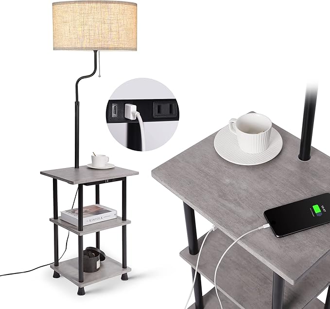 ELYONA Solid Wood End Table Floor Lamp, USB Type C Charging Port & Outlet, Side Table Shelf Reading Standing Light with Drum Shade for Bedroom, Farmhouse, Living Room, Office, LED Bulb Included, Grey