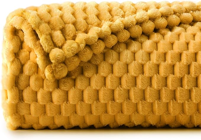 BEDELITE Fleece Blanket Twin Size for Bed Couch, 3D Jacquard Decorative Mustard Yellow Throw, Soft and Cozy Warm Plush Fuzzy Blanket All Seasons Suitable, 60x80Inches