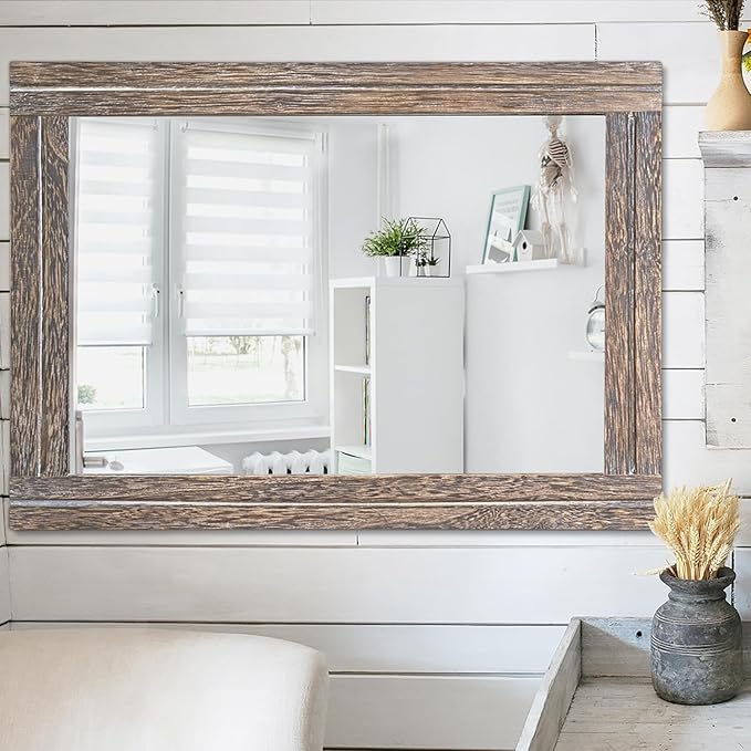 AAZZKANG Large Mirror with Wood Framed 28"x20" Rectangle Rustic Wall Mirror Decor for Bedroom Bathroom Living Room Entryway
