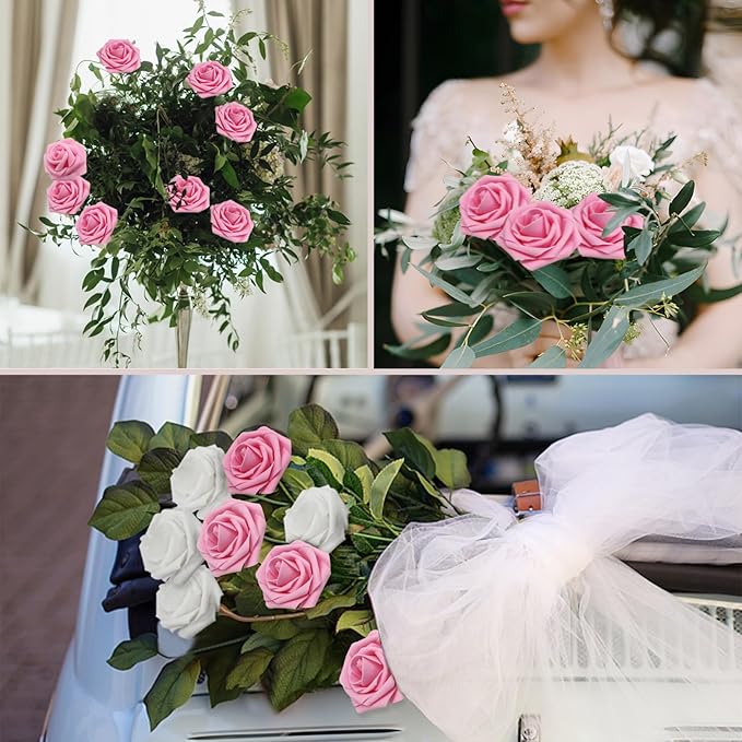 Artificial Flowers Dark Pink Roses 100PCS Real Looking Foam Fake Roses with Leaves and for DIY Wedding Bouquets Bridal Shower Centerpieces Party Decorations (Dark Pink, 100)