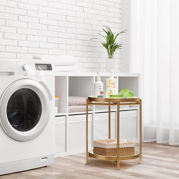 TeoKJ 2 Tier Gold Side Table, Folding Round Metal End Table Small Nightstand with Two Removable Tray for Bedroom Living Room Bedside Small Spaces Gold + White