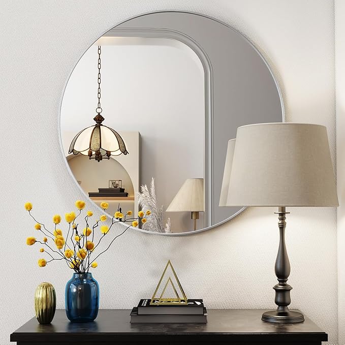 BEAUTYPEAK 20 Inch Round Mirror, Metal Frame Circle Mirror, Wall Mounted for Entryway, Bathroom, Vanity, Living Room, White