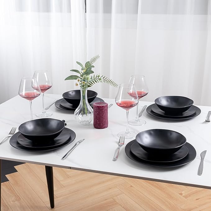 Black Melamine Plates and Bowls Set,12-Piece Melamine Dinnerware Sets for Indoor and Outdoor Use, Lightweight RV and Camping Dish Set for 4, BPA Free and Dishwasher Safe