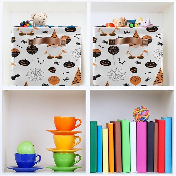 Happy Halloween Gnomes Storage Basket Fabric Kitchen Baskets Spooky Pumpkin Ghost Bat Spider Web Open Home Storage Bins Boxes Foldable Foldable for Candy Toy Decorations Baskets 16×12×8 Inches