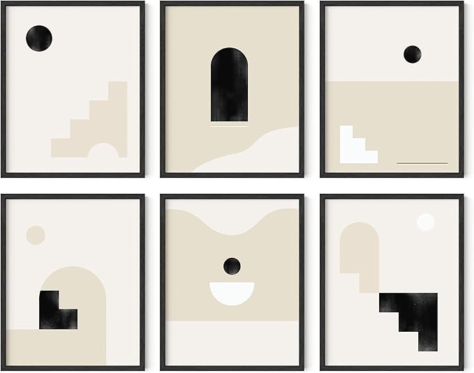 HAUS AND HUES Boho Prints Neutral Wall Art - Set of 6 Mid Century Modern Artwork, Bohemian Posters and Prints, Wall Art Mid Century, Modern Bohemian Posters 16x20 Framed Black