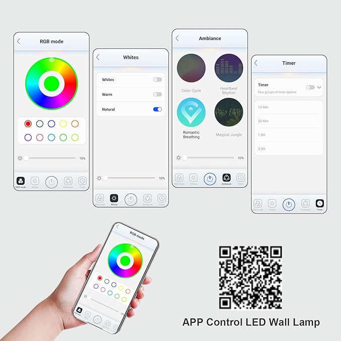 Lightess LED Smart Wall Sconces Set of 2, Dimmable Wall Mounted Lamp with 3 Lighting & RGB & Ambiance Mode, APP & Touch Control, Rechargeable Battery Operated Wall Light for Bedside Reading, White