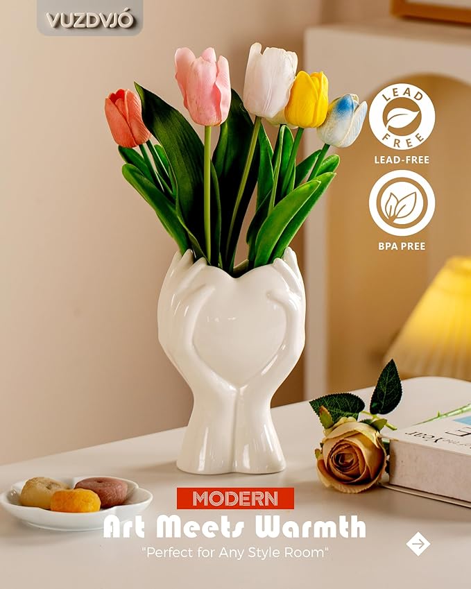 8 inch Tall Hand Heart Flower Vase - Cute Unique Ceramic Small White Vases Home Decor for Pampas Grass Bouquet Plant Tulip Floral - Living Room Coffee Table,Shelf,Dining Table Decor,Mom Gifts (White)