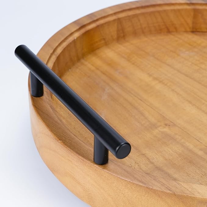 Set of 2 Wood Decorative Trays with Handles 12 Inch Round Decorative Tray for Room Decor, 2 in 1 Counter Decor Trays for Coffee Table,Round Tray for Storage and Display