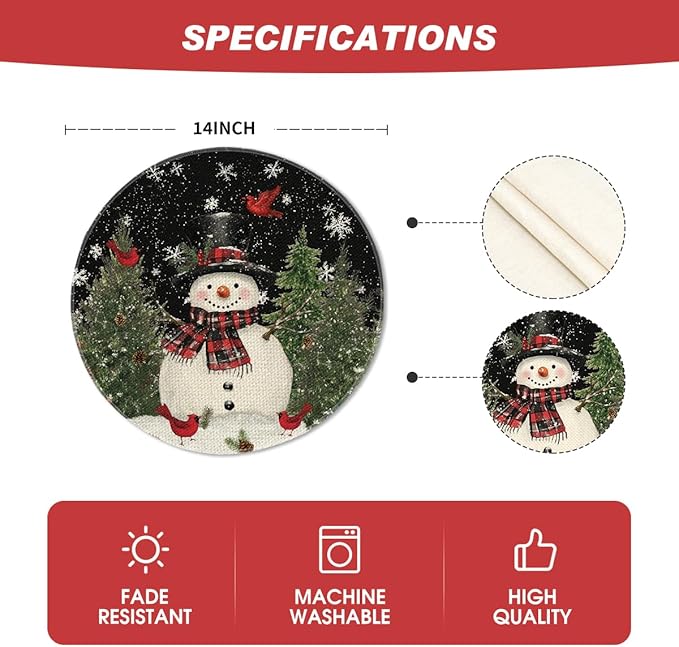 Artoid Mode Snowman Trees Snowflakes Christmas Round Placemats Set of 4, 14 Inch Black Winter Round Table Mats for Dining Decoration