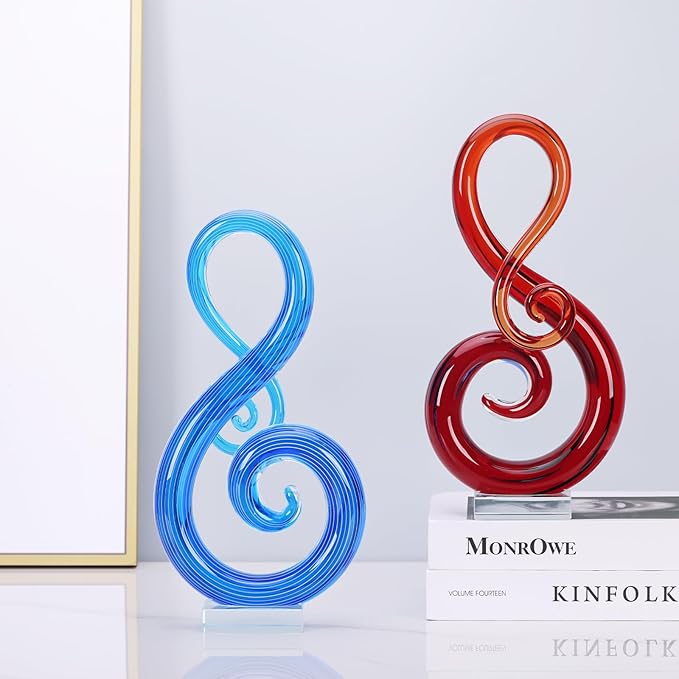 13" H Large Murano Glass Sculpture Blue Hand Blown Glass Figurines Art Music Decor, Modern Blue Glass Decor Crystals Sculpture Statue - for Luxury Home Living Room Office Console Table Decor